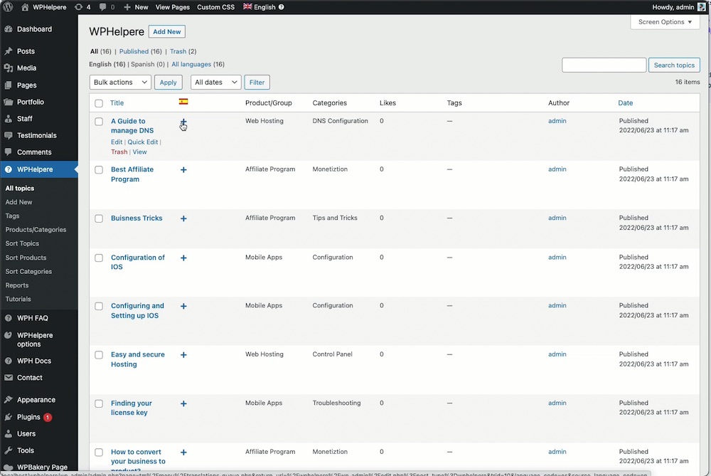 Translate WPHelpere topics using WPML