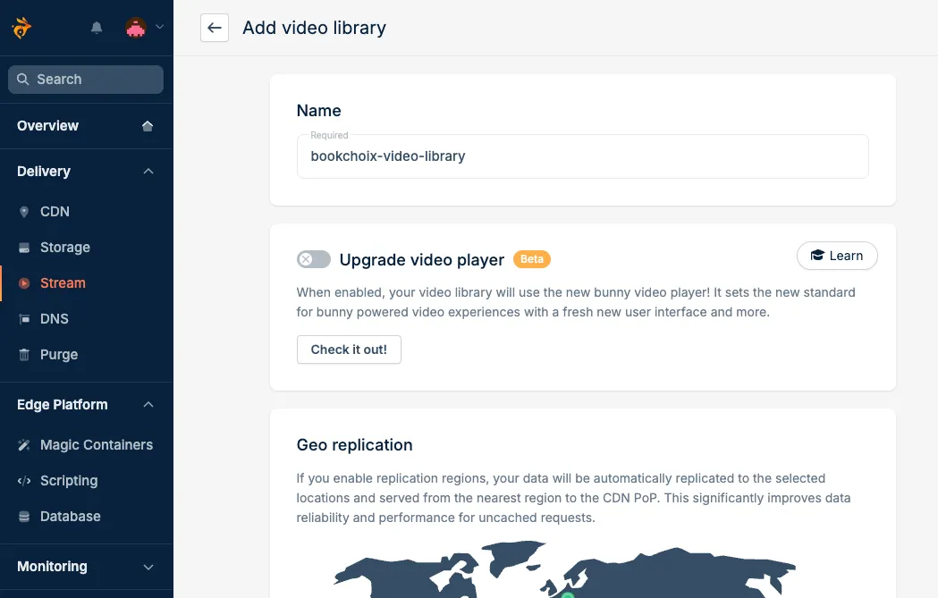 bunny.net add video library name