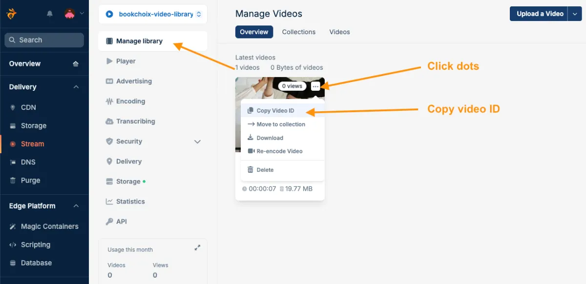 Bunny.net upload video file and copy ID